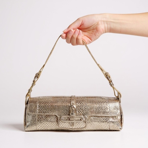 Jimmy Choo Metallic Gold Snakeskin Leather Tulita Pochette Bag - Picture 2 of 14